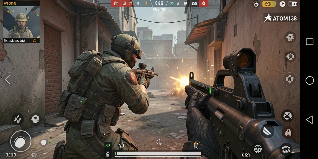 Screenshot gameplay ATOM138 menampilkan aksi tembak-menembak yang intens.