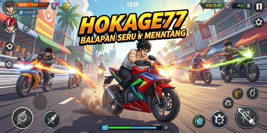 Tampilan gameplay HOKAGE77 dengan balapan motor yang seru dan menegangkan.